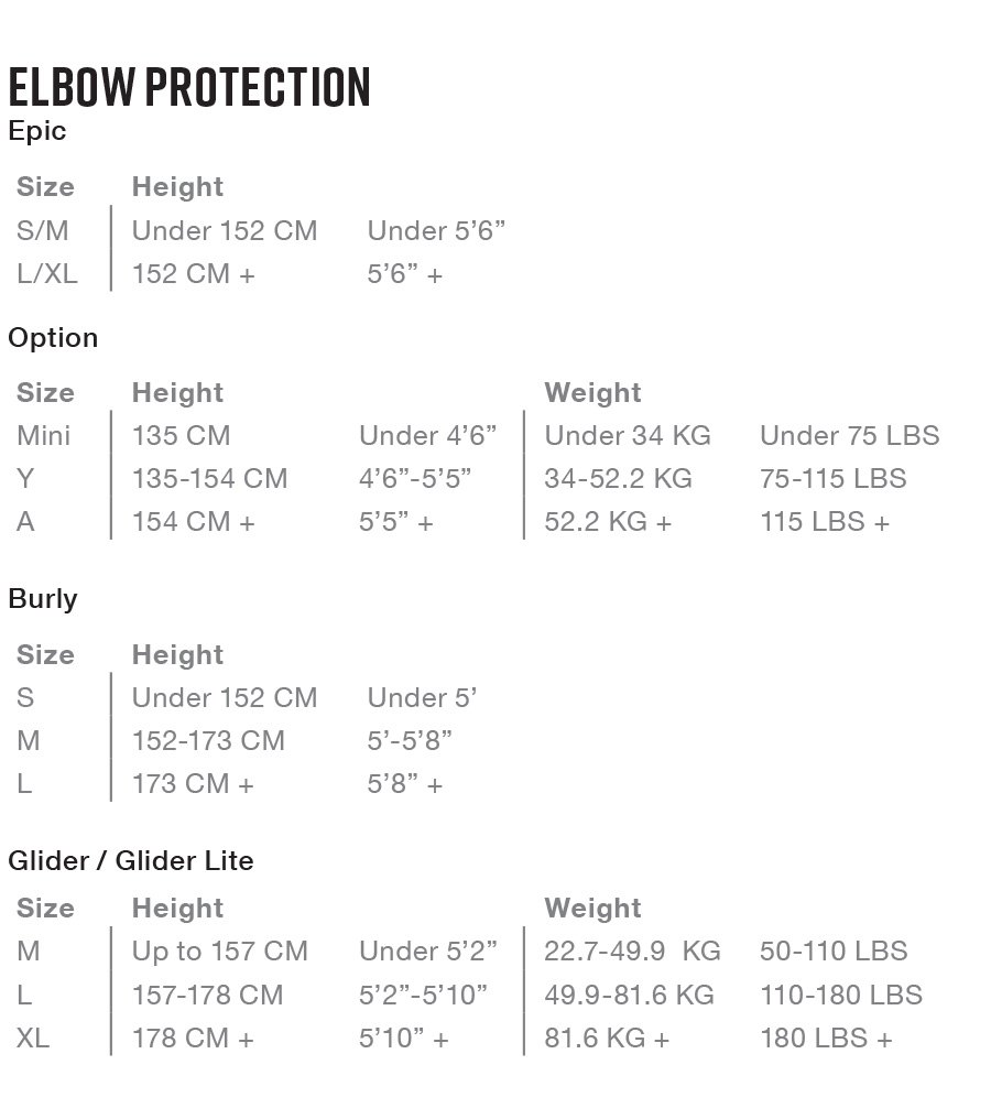 EVS Sport - Size Chart Elbow Protection