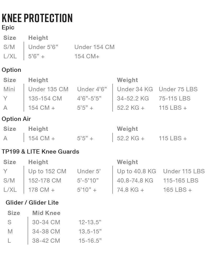EVS Sports - Size Chart Knee Protection