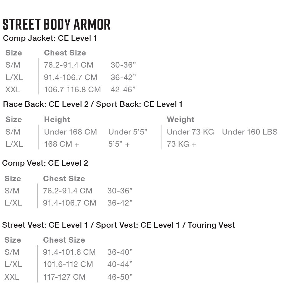 EVS Sport - Size Chart  Street Body Armor
