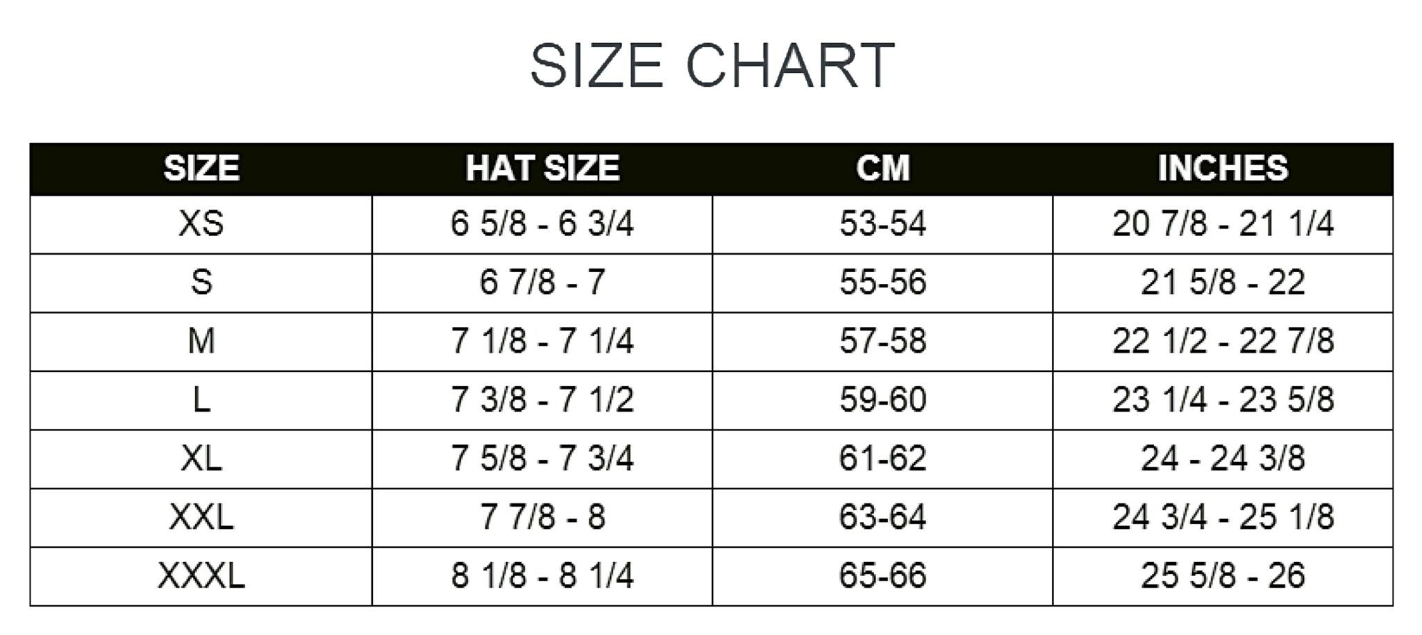 Helmets Size Chart